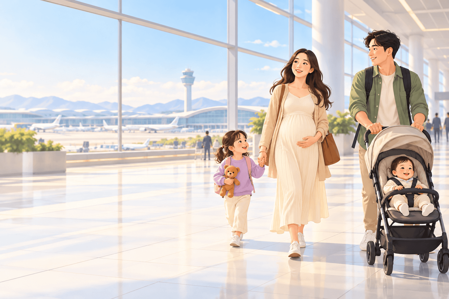 Editorial illustration of a family preparing for an airport journey